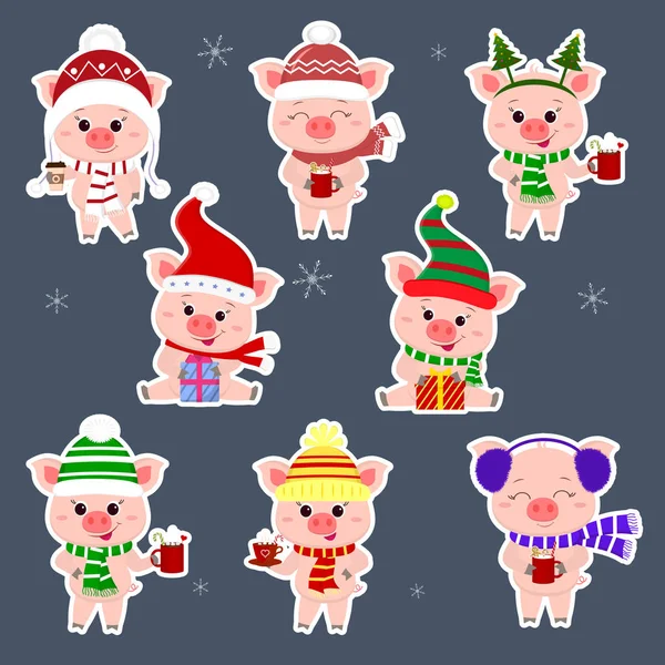 Aufkleberset Acht Schweine Verschiedenen Hüten Und Einem Schal Eine Tasse — Stockvektor