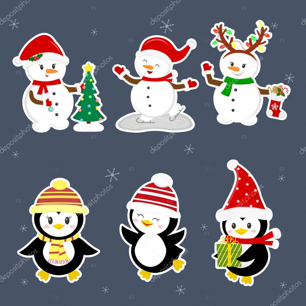 New Year and Christmas card. A set stickers of three penguins and three snowmen characters in different hats and poses in winter. Christmas tree, gifts, skate. Cartoon style, vector