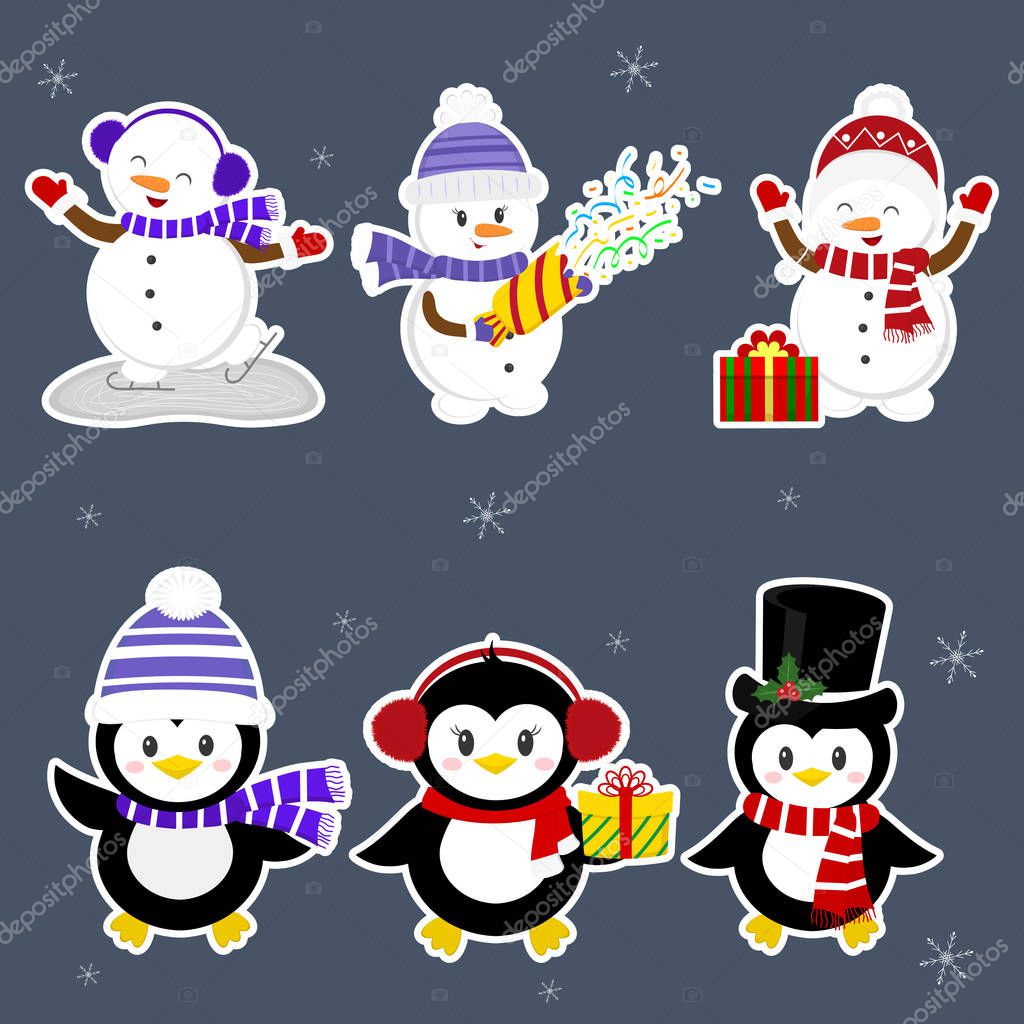 New Year and Christmas card. A set stickers of three penguins and three snowmen characters in different hats and poses in winter. Gift boxes, crackers with confetti. Cartoon style, vector