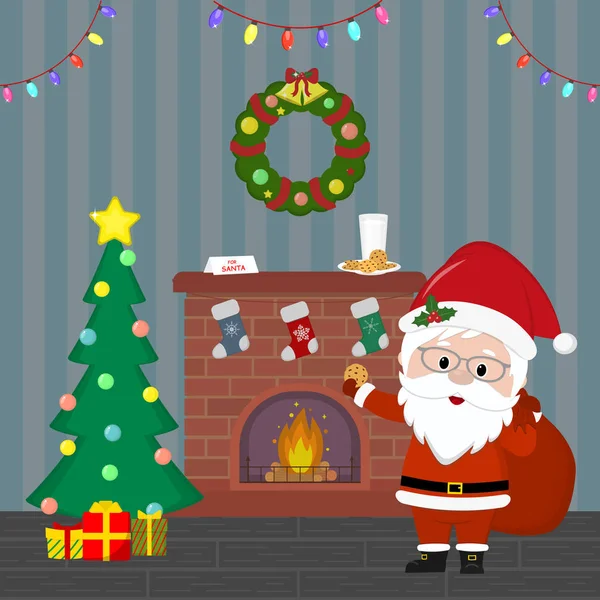 Tarjeta de Año Nuevo y Navidad. Santa Claus sostiene una bolsa con regalos y galletas. Árbol de Navidad con regalos, una chimenea, una corona y guirnalda, leche y galletas en la habitación por la noche. Dibujos animados, vector — Vector de stock