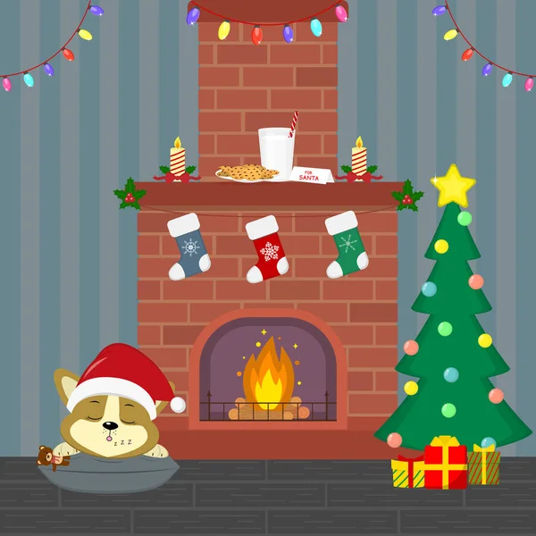 Ano Novo e cartão de Natal. Um filhote de cachorro corgi bonito em um chapéu de Papai Noel está dormindo perto da lareira. Árvore de Natal com presentes, lareira, guirlanda, velas, leite e biscoitos na sala. Desenhos animados, vector —  Vetores de Stock