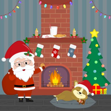 Yeni yıl ve Noel kartı. Noel Baba bir çanta hediye ve Çerezler ile tutar. Corgi şirin bir köpek bir odasında şömine tarafından gece uyku. Hediyeler ile Noel ağacı. Çizgi film, vektör