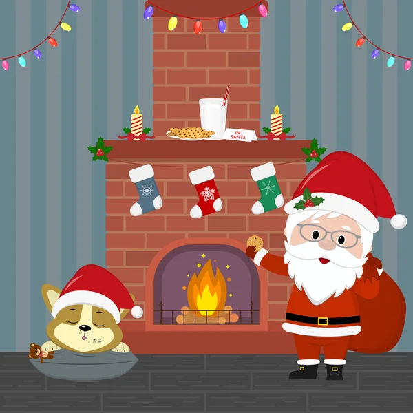 Nowy rok i kartki świąteczne. Santa Claus trzyma worek z prezentami i pliki cookie. Cute puppy corgi śpi w pokoju z kominkiem Boże Narodzenie w nocy. Kreskówka, wektor — Wektor stockowy