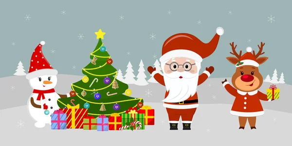 Santa Claus en gafas se encuentra junto al árbol de Navidad, un muñeco de nieve cuelga un juguete en el árbol de Navidad, un ciervo en un traje de Santa tiene un regalo en el fondo del invierno. Vacaciones de invierno, vector — Vector de stock