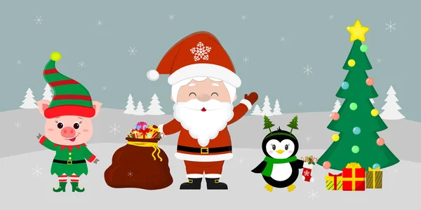 Santa Claus drží červenou tašku s dárky, zajíce v kostým elf, tučňák s ponožkou, vánoční strom a penguin s dárkem na pozadí zimy. Zimní dovolená, vektorové — Stockový vektor