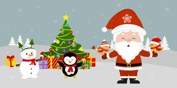 Santa Claus está de pie en el árbol de Navidad y sosteniendo pájaros en sus manos. Lindo muñeco de nieve y pingüino con un regalo en el fondo de invierno. Vacaciones de invierno, estilo de dibujos animados, vector — Vector de stock