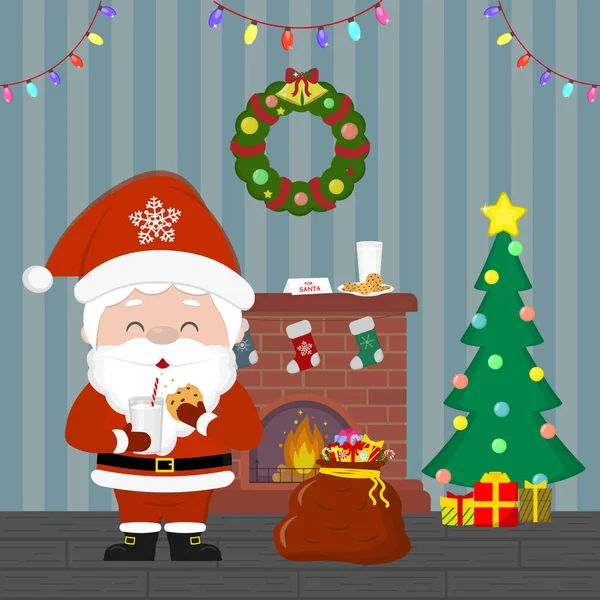 New Year and Christmas card. Santa Claus holds cookies with milk. Christmas tree and bag with gifts, fireplace, wreath and garland, milk and cookies in the room at night. Cartoon, vector — Stock Vector