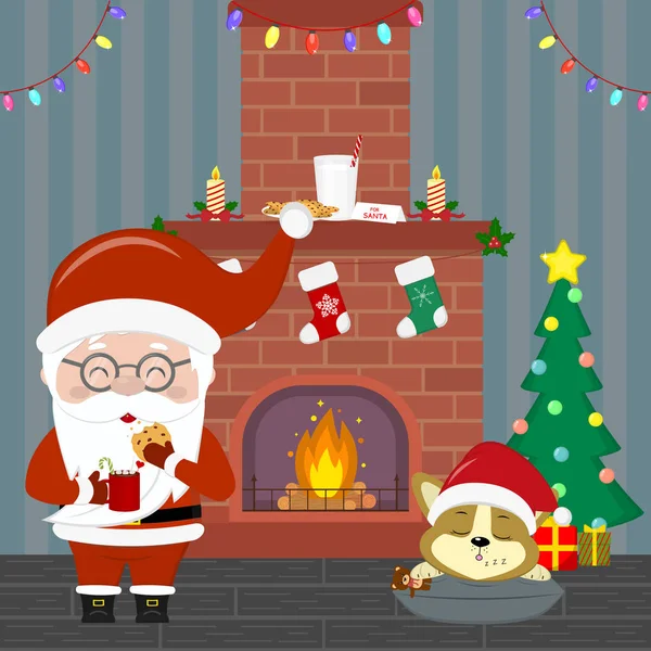 Tarjeta de Año Nuevo y Navidad. Santa Claus en vasos sostiene una taza con cacao y galletas. Un lindo cachorro está durmiendo junto a la chimenea de Navidad y un árbol de Navidad en una habitación por la noche. Dibujos animados, vector — Vector de stock