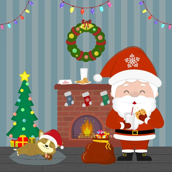 नए साल और क्रिसमस कार्ड। सांता क्लॉस दूध और कुकीज़ के साथ एक गिलास पकड़ रहा है। प्यारा पिल्ला क्रिसमस के पेड़ से सो रहा है। रात में कमरे में चिमनी, उपहार बैग, पुष्पांजलि। कार्टून, वेक्टर — स्टॉक वेक्टर