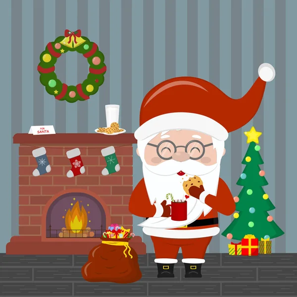 Nowy Rok Kartki Świąteczne Santa Claus Trzymając Kubek Gorącej Czekolady — Wektor stockowy