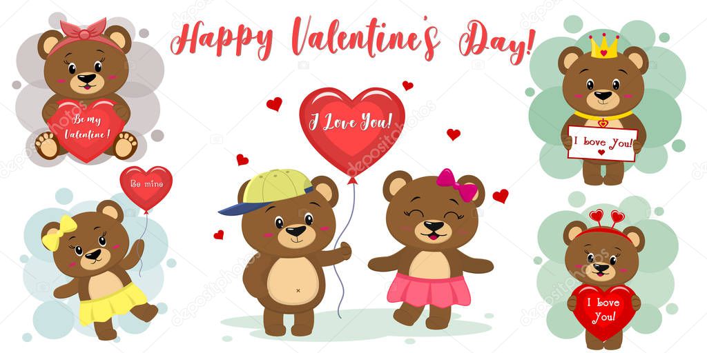 Happy Valentines Day. Set of six cute brown bear characters in different poses and accessories in cartoon style. With a red heart, balloon, letter. Flat design vector.