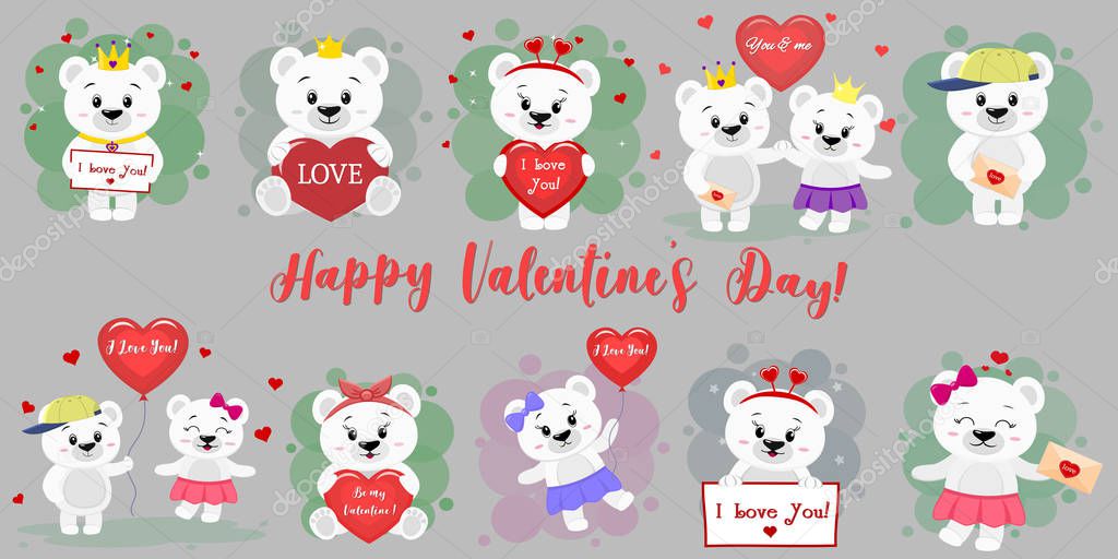 Happy Valentine s Day. Mega set of twelve characters of a cute polar bear in various poses and accessories in cartoon style. With a red heart, balloon, letter. Flat design vector