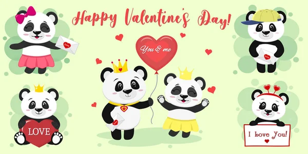 Happy Valentine s Day. Set of six characters cute pandas in various poses and accessories in a cartoon style. With a red heart, balloon, letter. Flat design vector — Stock Vector