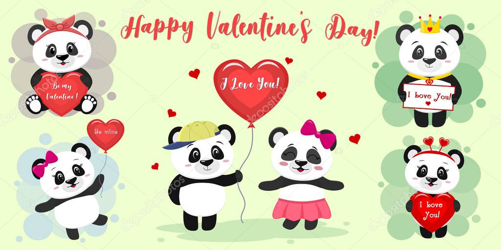 Happy Valentine s Day. Set of six characters cute pandas in various poses and accessories in a cartoon style. With a red heart, balloon, letter. Flat design vector