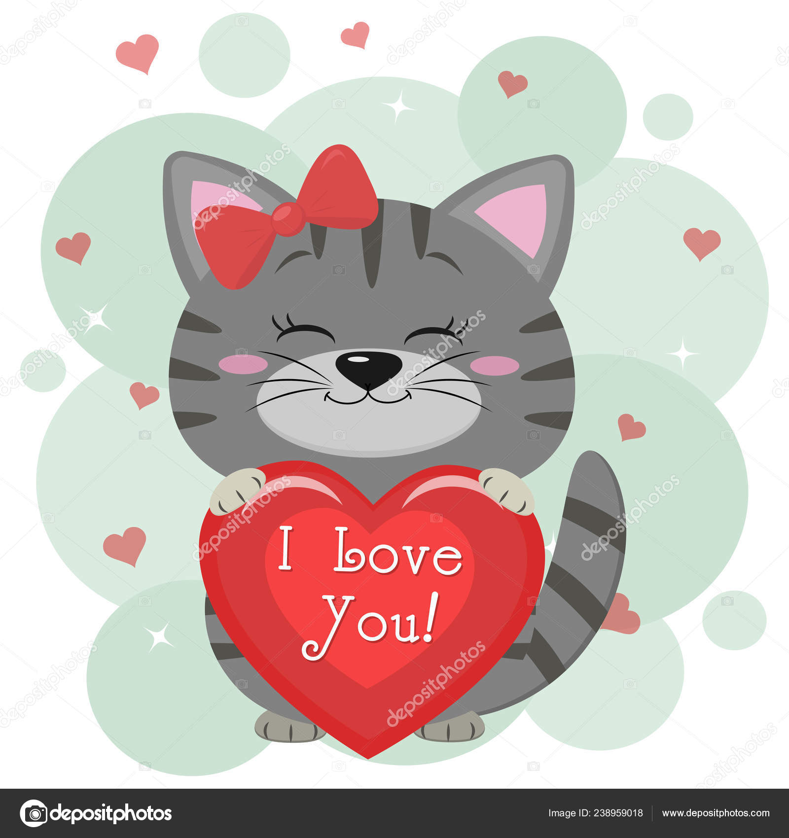Felicidades por el Día de San Valentín. Un lindo gatito gris en un lazo  rojo, se sienta y sostiene un corazón rojo en sus patas. Diseño plano,  estilo de dibujos animados, vector, image size:1600x1700