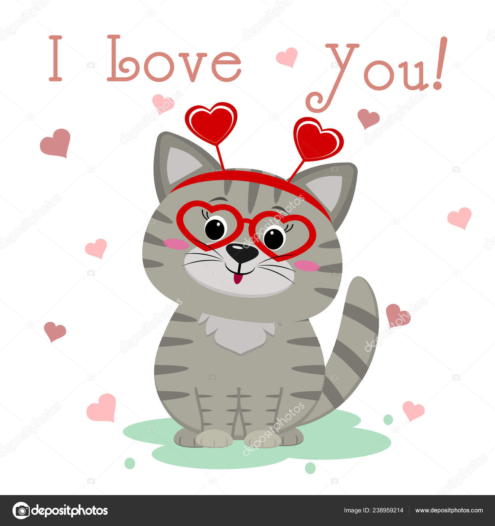 Felicidades por el Día de San Valentín. Lindo gatito gris en gafas con  corazones y un, image size:1600x1700