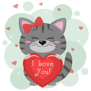 Sevgililer günü için tebrik ederim. Bir kırmızı yay de şirin gri kedi oturur ve kırmızı bir kalp içinde onun paws tutar. Tasarım düz, karikatür tarzı, vektör