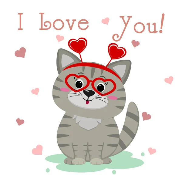 Gratulálunk a Valentine s Day. Aranyos szürke cica szemüveg szívvel és egy keret ül a háttérben a szívét. Szöveg szeretlek. Lapos kialakítás, rajzfilm stílusú, vektor — Stock Vector
