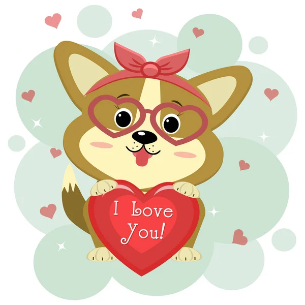 Congratulations on Valentine s Day. A cute puppy of corgi in a red rim and glasses sits and holds a red heart in its paws. Flat design, cartoon style, vector — Stockový vektor
