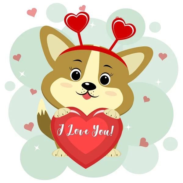 Congratulazioni per San Valentino. Carino cucciolo di corgi in un bordo rosso si siede e tiene un cuore rosso nelle zampe. Design piatto, stile cartone animato, vettore — Vettoriale Stock