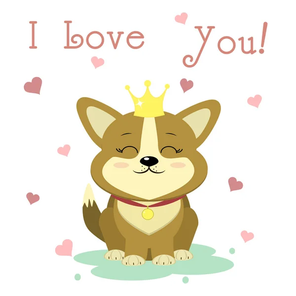 バレンタインの s 日おめでとうございます。王冠とハートの背景の上に座ってリボンにメダルでコーギーのかわいい子犬。フラットなデザイン、漫画のスタイル、ベクトル — ストックベクタ
