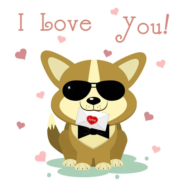 Congratulations on Valentine s Day. A cute puppy of corgi in sunglasses and a bow-tie sits and holds a letter on a background of hearts. Flat design, cartoon style, vector — ストックベクタ