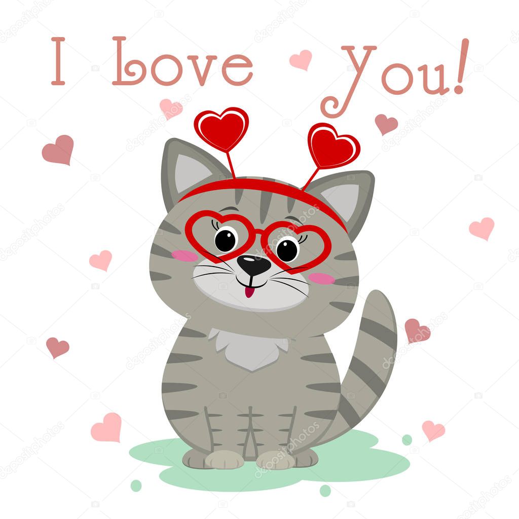 Congratulations on Valentine s Day. Cute gray kitten in glasses with hearts and a bezel sits on the background of hearts. Text I love you. Flat design, cartoon style, vector.