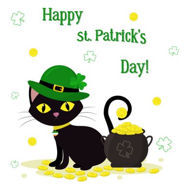 St.Patrick s gün. Siyah bir kedi bir masal cini, altın ile bir su ısıtıcısı, bir yonca yeşil kapaklar. Tarzı çizgi film, tasarım düz. Vektör çizim.