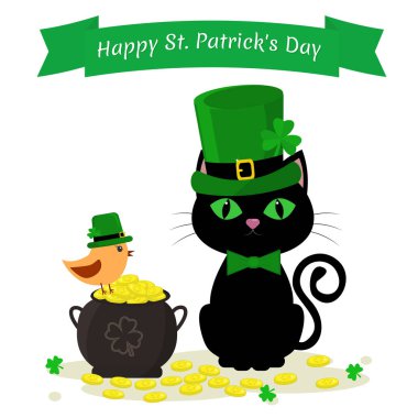 St.Patrick s gün. Kara kedi bir masal cini, altın ile bir su ısıtıcısı ve bir kuş yeşil şapkalı, yonca yeşil şapkalı. Tarzı çizgi film, tasarım düz. Vektör çizim.