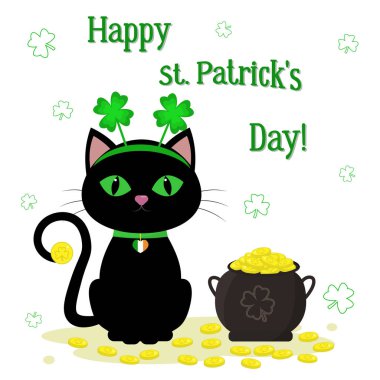 St.Patrick s gün. Bir yonca, altın ile bir su ısıtıcısı, bir yonca ile bir kafa bandı yeşil gözlü siyah kedi. Tarzı çizgi film, tasarım düz. Vektör çizim.