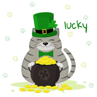 St.Patrick'ın gün. Yeşil cüce şapkası, Melon altın sikke, yonca ile gri çizgili kedi. Tarzı çizgi film, tasarım düz. Vektör çizim.