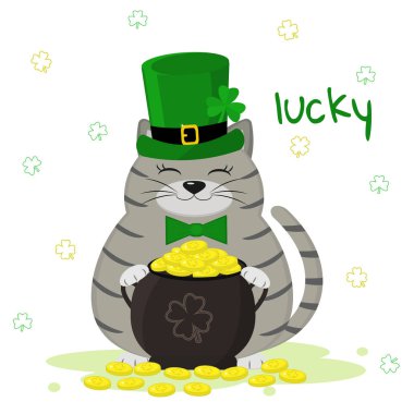 St.Patrick 's Day. Gray striped cat in a green leprechaun hat, bowler with gold coins, clover. Cartoon style, flat design. Vector illustration. clipart