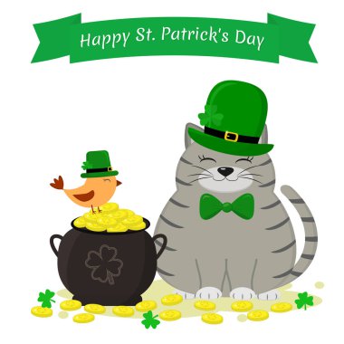 St.Patrick'ın gün. Gri kedi yeşil bir şapka, bir cüce, bir çaydanlık ile altın ve yeşil bir şapka, bir yonca bir kuş çizgili. Tarzı çizgi film, tasarım düz. Vektör çizim.