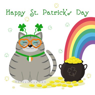 St.Patrick'ın gün. Gri kedi yonca ile belgili tanımlık bezel, Melon altın sikke, gökkuşağı, yonca ile çizgili. Tarzı çizgi film, tasarım düz. Vektör çizim.