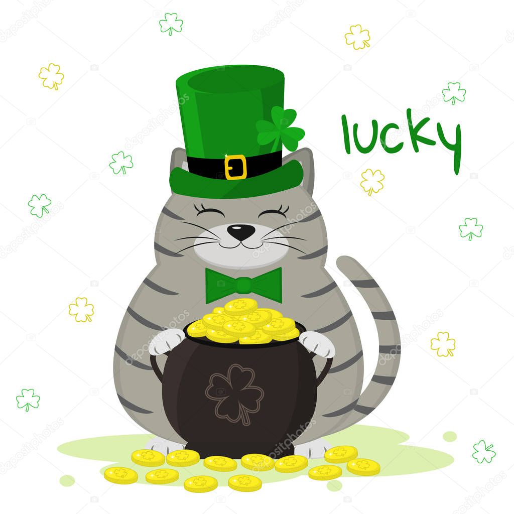 St.Patrick 's Day. Gray striped cat in a green leprechaun hat, bowler with gold coins, clover. Cartoon style, flat design. Vector illustration.