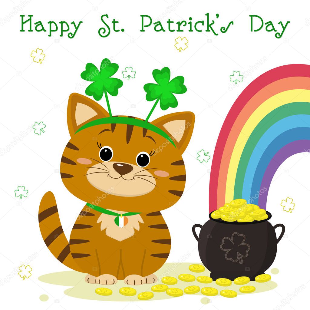 St.Patrick 's Day. Red striped cat in the bezel with clover, bowler with gold coins, rainbow, clover. Cartoon style, flat design. Vector illustration.