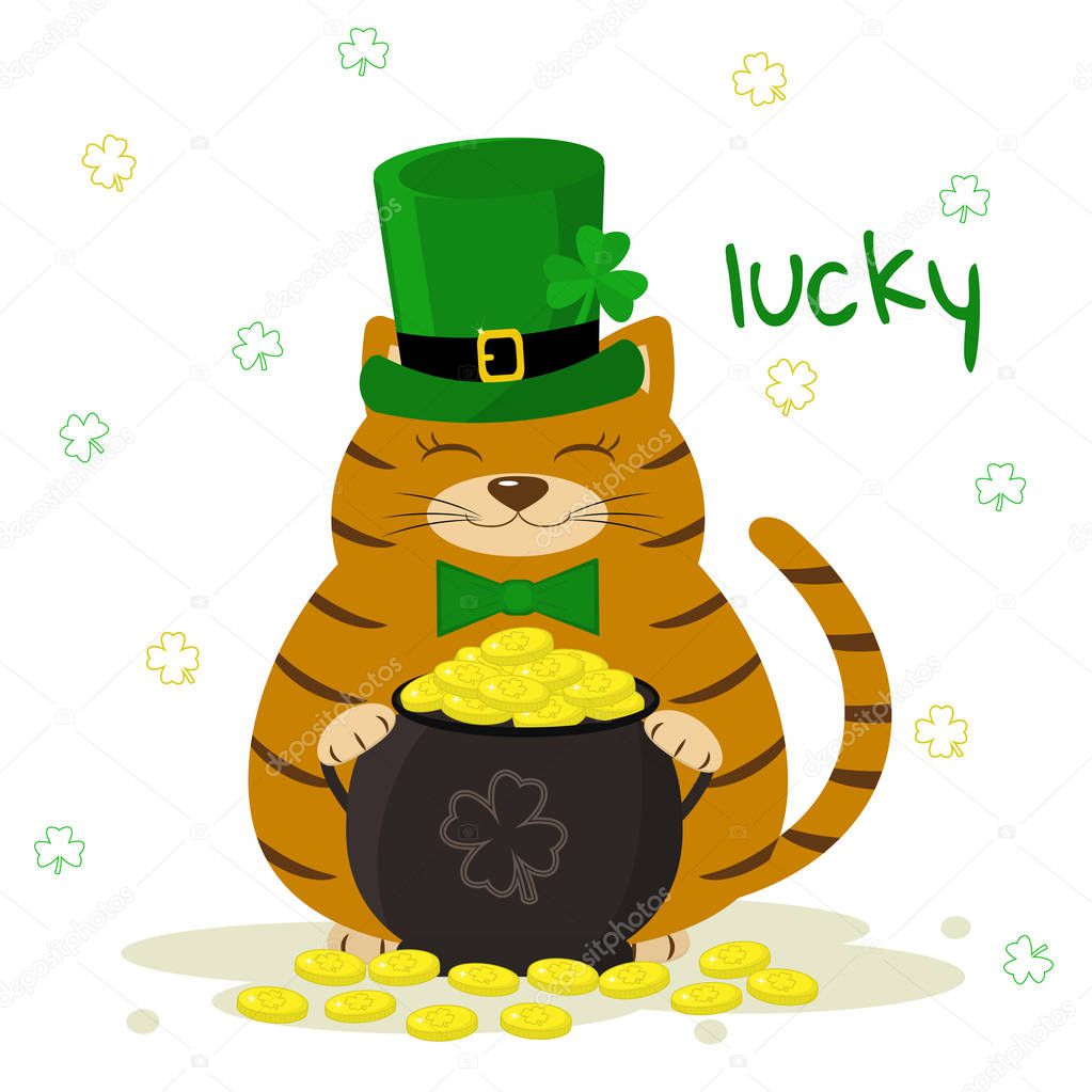 St.Patrick 's Day. Red striped cat in a green leprechaun hat, bowler with gold coins, clover. Cartoon style, flat design. Vector illustration.