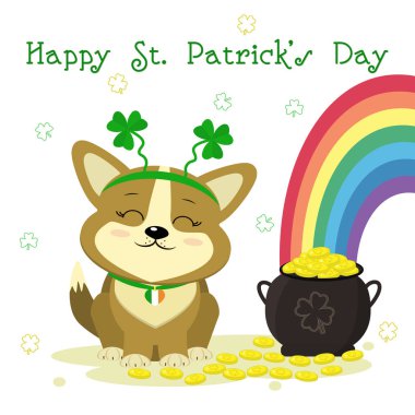 St.Patrick s gün. Sevimli köpek corgi çerçeve ile yonca, Melon altın lira, gökkuşağı, yonca. Tarzı çizgi film, tasarım düz. Vektör çizim