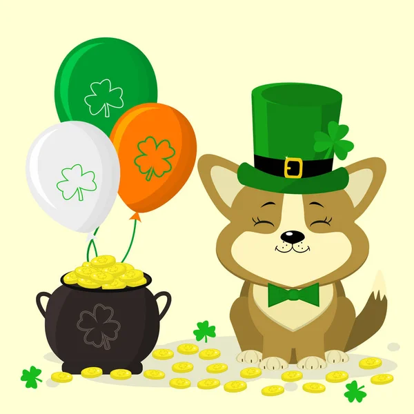 Dia de São Patrício. Cão corgi bonito em chapéu verde. Leprechaun e borboleta gravata verde. Um pote de moedas de ouro, três bolas, trevo. Estilo dos desenhos animados, design plano. Ilustração vetorial — Vetor de Stock