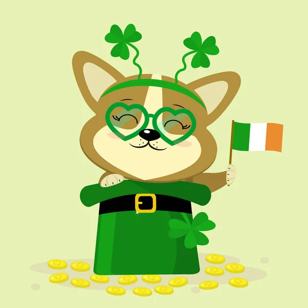 Il giorno di San Patrizio. Un simpatico cane corgi in una lunetta con trifoglio e occhiali, siede in un cappello verde di un folletto, monete d'oro, la bandiera d'Irlanda. Stile cartone animato, design piatto. Illustrazione vettoriale — Vettoriale Stock