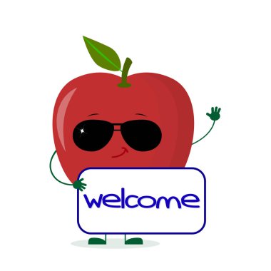 Güneş gözlüklü şirin Kırmızı elma karakter tabela hoş geldiniz tutar. Vektör çizim, düz bir stil