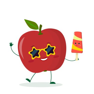 Sevimli Kırmızı elma karakter güneş gözlüğü Star renkli bir dondurma elinde. Vektör çizim, düz bir stil