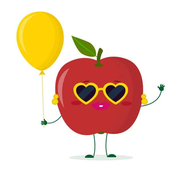 Kartun apel merah lucu karakter kacamata hitam hati dan anting-anting. Memegang balon udara kuning. Ilustrasi vektor, gaya datar - Stok Vektor