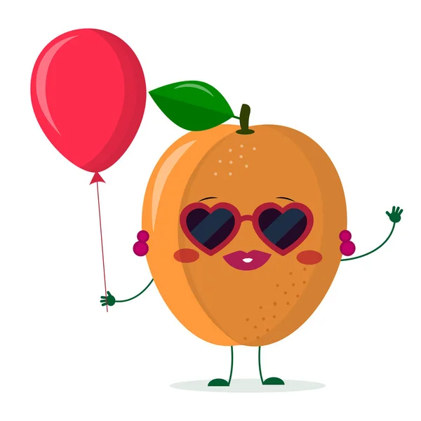 Bonito damasco maduro desenho animado personagem óculos de sol corações e brincos. Tem um balão de ar vermelho. Logotipo, modelo, design. Ilustração vetorial, um estilo plano — Vetor de Stock