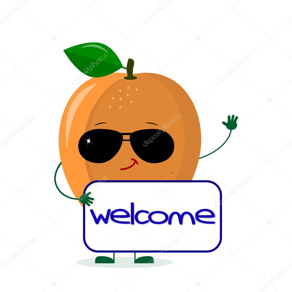 Cute ripe apricot character in sunglasses keeps the signboard welcome. Logo, template, design. Vector illustration, a flat style