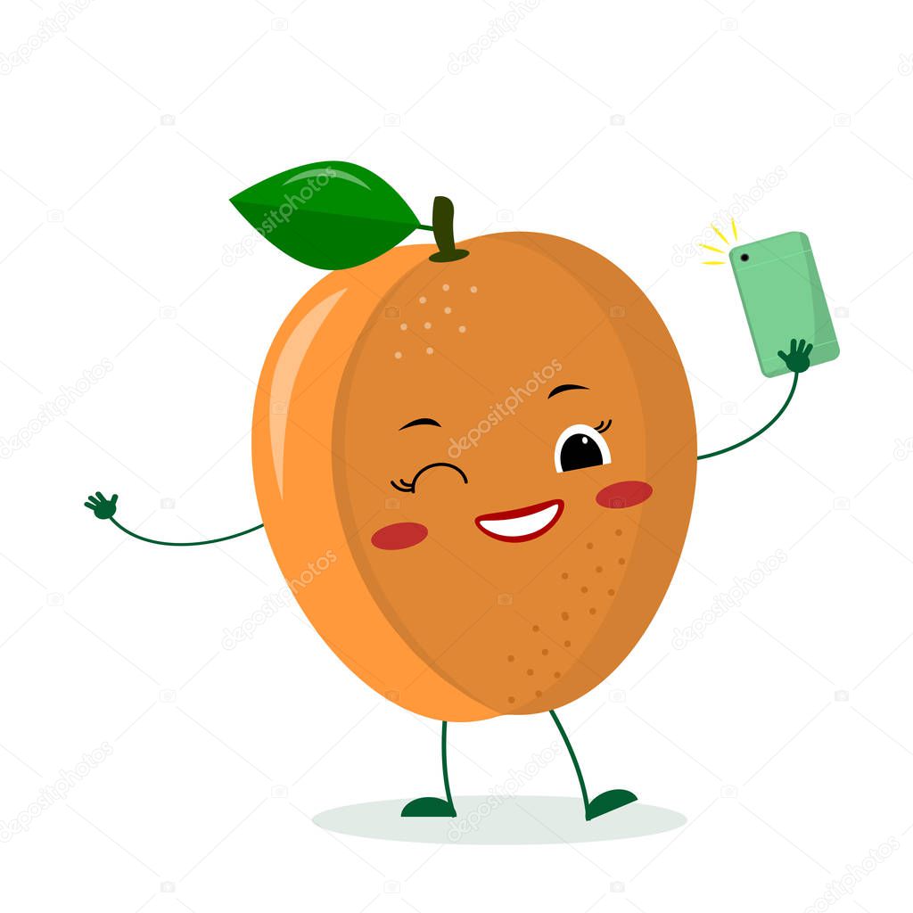 Cute ripe apricot cartoon character with a smartphone and does selfie. Logo, template, design. Vector illustration, a flat style