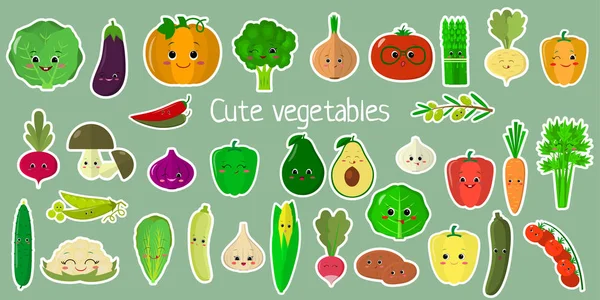 川井可爱的蔬菜和草药, 脸上的特点, 在一个白色的笔划的27贴纸的巨型集。为您设计的卡片, 剪贴簿, 制作。卡通, 平面设计, 矢量 — 图库矢量图片
