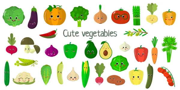 Kawai cute vegetables and herbs, the faces of the characters mega set of twenty seven elements. For your design of cards, scrapbooking, crafting. Cartoon, flat design, vector illustration