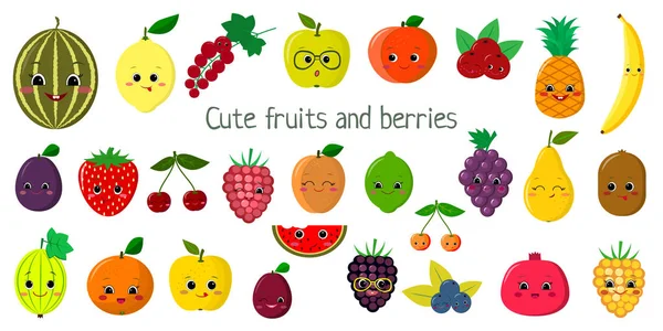 Kawaii fruta bonito e bagas, os rostos dos personagens do mega conjunto de vinte e sete elementos. Para o seu design de cartões, scrapbooking, crafting. Desenhos animados, desenho plano, ilustração vetorial —  Vetores de Stock