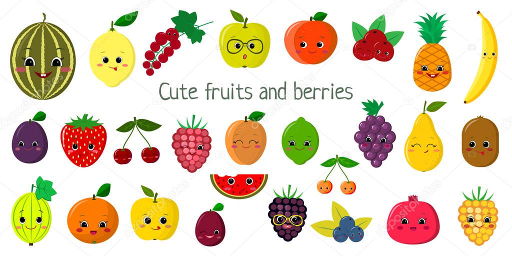 Kawaii cute fruit and berries , the faces of the characters of the mega set of twenty seven elements. For your design of cards, scrapbooking, crafting. Cartoon, flat design, vector illustration